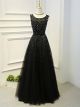 Robe De Soirée Bal Longue Noire Dentelle Strass Brillante Col Bateau
