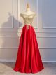 Robe De Soirée Bal Longue Rouge Satin Dorée Dentelle Epaule Dénudée