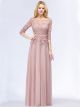 Robe De Soirée Bal Longue Vieux Rose Mousseline Dentelle Perle Manche 3 4 Col Bateau