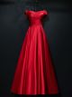 Robe De Soirée Bal Simple Longue Rouge Satin Epaule Dénudée