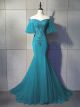 Robe De Soirée Bal Sirène Bleu Turquoise Tulle Epaule Dénudée Manche Volantée