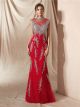 Robe De Soirée Bal Sirène Luxe Longue Rouge Dentelle Strass Brillante Col Montant