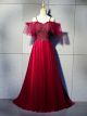 Robe De Soirée Ceremonie Longue Rouge Tulle Perle Volant Epaule Avec Bretelle