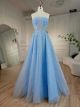 Robe De Soirée Chic et Glamour Bustier Longue Bleu Ciel Tulle Avec Perles