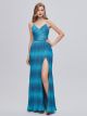 Robe De Soirée Chic Longue Bleu Turquoise Ombré Plissée Avec Fente Fine Bretelle