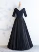 Robe De Soirée Elegante à Pois Longue Noire Tulle Col V 3 4 Manche