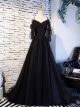 Robe De Soirée Princesse Manche Longue Tulle Dentelle Noire Peplum