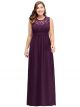 Robe De Soirée Grande Taille Longue Prune Mousseline Fluide Dentelle Col Rond