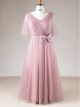 Robe De Soirée Grande Taille Longue Vieux Rose Tulle Manche Col V Avec Noeud