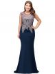 Robe De Soirée Grande Taille Sirène Bleu Roi Satin Dentelle Col Rond