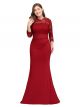 Robe De Soirée Grande Taille Sirène Manche Longue Col Montant Dentelle Jersey Rouge