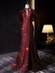 Robe de soirée longue et sexy à paillettes bordeaux brillantes avec sanlitun et cape