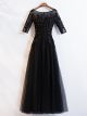 Robe De Soirée Manche 3 4 Longue Noire Tulle Dentelle Perle Col Bateau