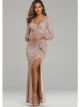 Robe De Soirée Paillette Rose Gold Manche Longue Fendue Sur Le Coté