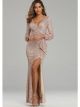 Robe De Soirée Paillette Rose Gold Manche Longue Fendue Sur Le Coté