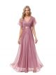 Robe De Soirée Pour Mariage Longue Vieux Rose Scintillante Tulle Manche Papillon