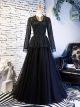 Robe De Soirée Princesse Manche Longue Tulle Dentelle Noire Peplum