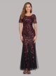 Robe De Soirée Rouge et Noir Paillette Brodé Manche Courte Col Rond