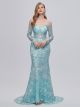 Robe De Soirée Sirène Bleu Turquoise Dentelle Pailletée Epaule Tombante Manche Longue