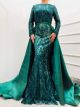 Robe De Soirée Brillante Manche Longue Vert Sapin Col Montant Avec Traine Amovible