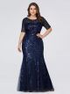 Robe De Soirée Sirène Grande Taille Bleu Nuit Fleuri Brillante Manche Courte