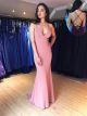 Robe De Soirée Sirène Simple Sexy Longue Rose Satin Col V Dos Nu