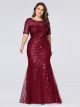 Robe De Soirée Sirène Taille Plus Bordeaux Fleuri Brillante Manche Courte