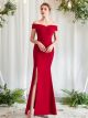 Robe De Soirée Sirene Moderne Simple Satin Rouge Epaule Tombante Avec Fente