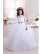 Robe Fille Mariage Manche Longue Dentelle Tulle Blanche Avec Ceinture Noeud Devant