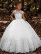 Robe Fille Mariage Princesse Blanche Tulle Dentelle Col Rond