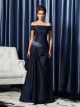 Robe Mère Du Marié Soirée Longue Bleu Marine Taffetas Epaule Dénudée