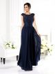 Robe Mere Mariee Soirée Elegante Longue Bleu Marine Mousseline Fluide Col Bateau