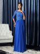 Robe Mere Mariee Soirée Elegante Longue Bleu Mousseline Plissée Manche 3 4 Col Bateau