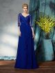 Robe Mere Mariee Soirée Elegante Longue Bleu Roi Mousseline Perle Manche 3 4 Col V