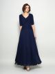 Robe Mere Mariee Soirée Longue Bleu Marine Mousseline Fluide Demi Manche Col V