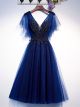 Robe de bal Col V courte promo perle Brodée Bleu Nuit Tulle