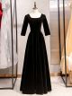 Robe De Soirée Chic Hiver Longue Noir Velours Manche 3 4 Col Carré