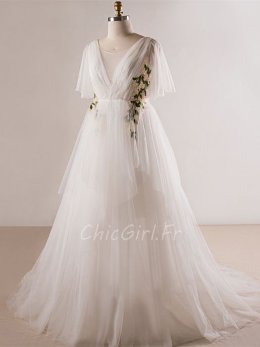 Robe De Mariee Boheme Grande Taille Tulle Fleurie Manche Volant