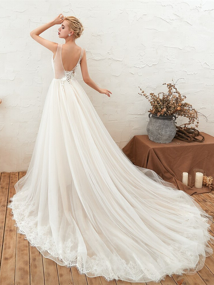Elegance Robe De Mariee Dos Nu Tulle Dentelle Avec Traine
