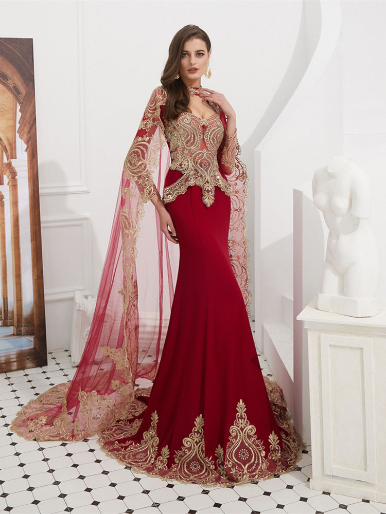 Jolie Robe De Soiree Sirene Manche Longue Bordeaux Avec Cape Dentelle