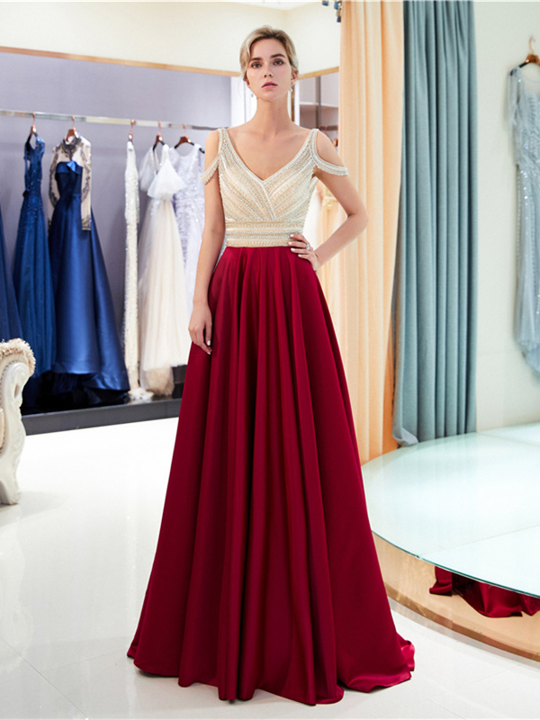 Magnifique Robe De Soirée Longue Rouge Satin Strass Paillettes Epaule  Ouverte