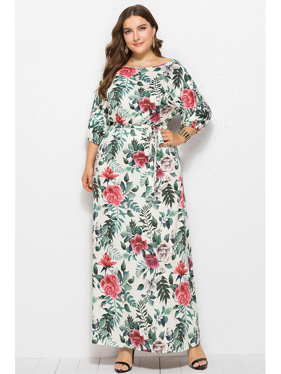 Robe Boheme Grande Taille Fourreau Maxi Fleurie Col Bateau Manche Longue
