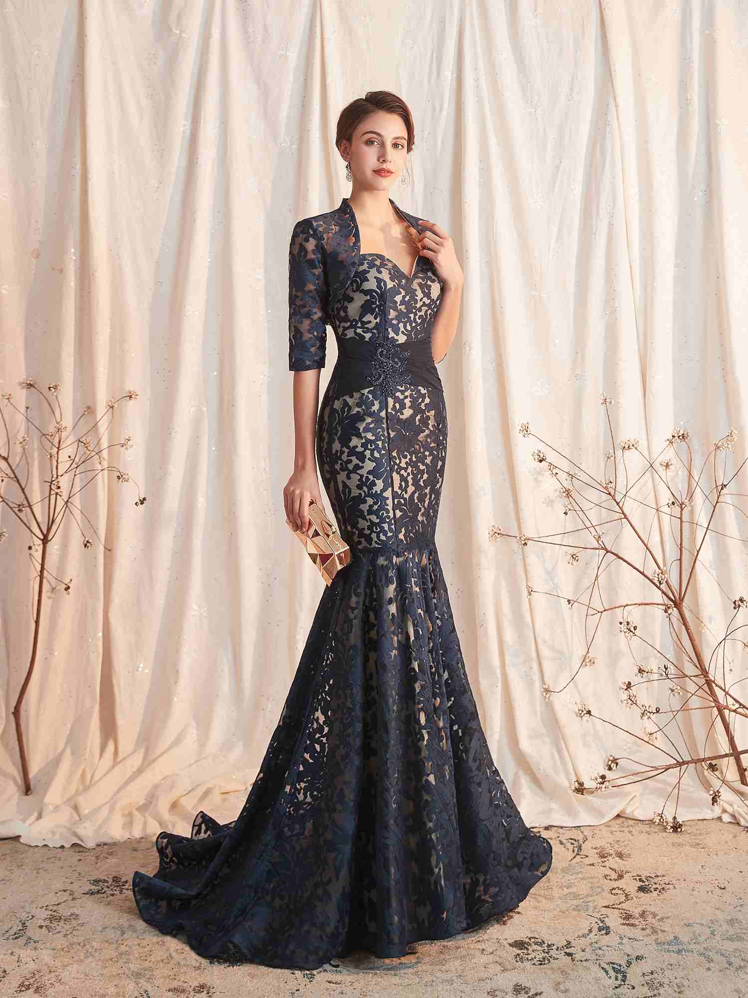 Robe Ceremonie Mariage Mere Du Marie Sir ne Dentelle Bleu Marine