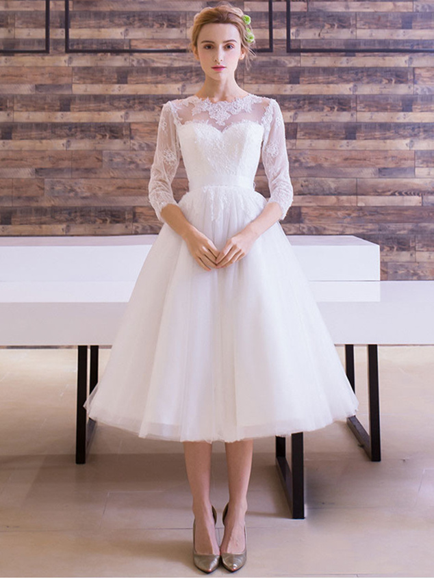 Robe Chic Mariage Mairie Mi Longue Tulle Dentelle Manche