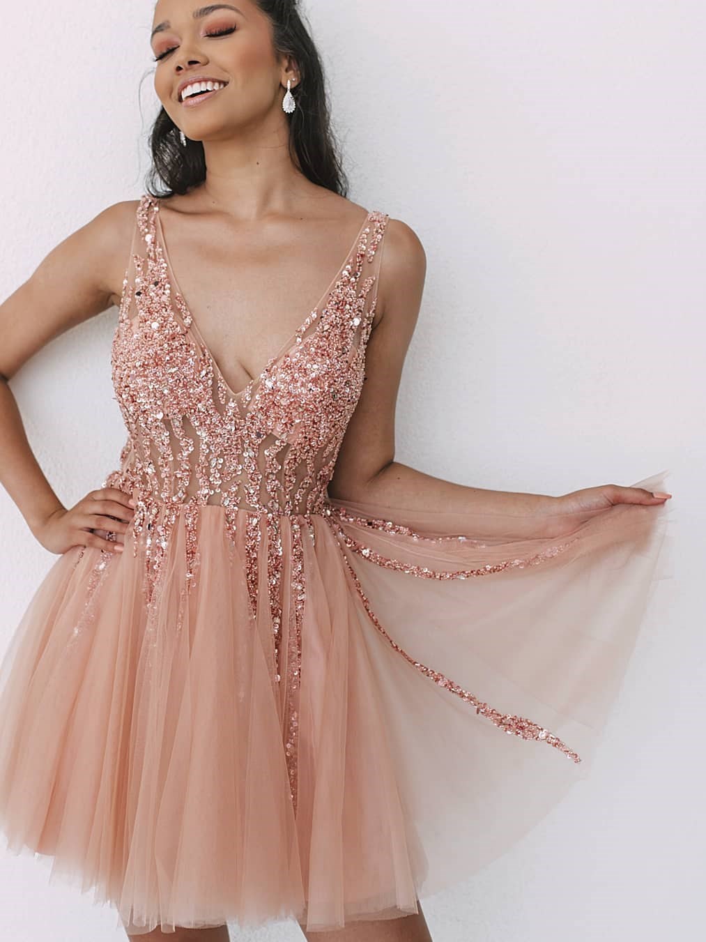 Robe De Bal Cocktail Courte Col V Paillette Tulle Vieux Rose Scintillante