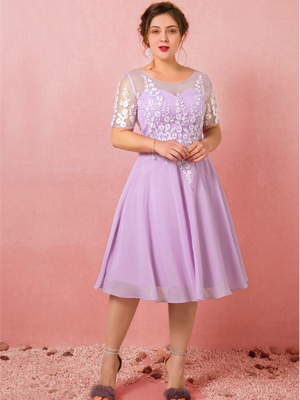 Robe De Bal Cocktail Grande Taille Courte Parme Mousseline Fleurie Manche