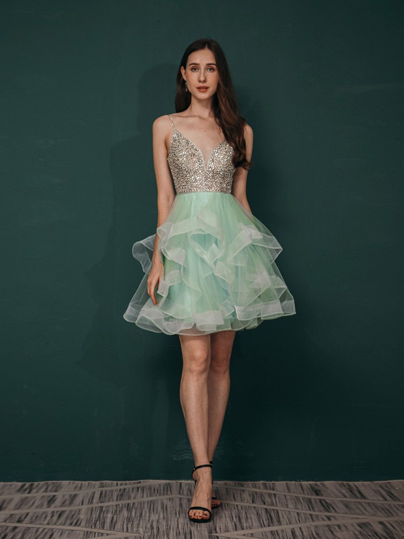 Robe Cocktail Rose Poudre Tulle Volants Paillette Avec Bretelle