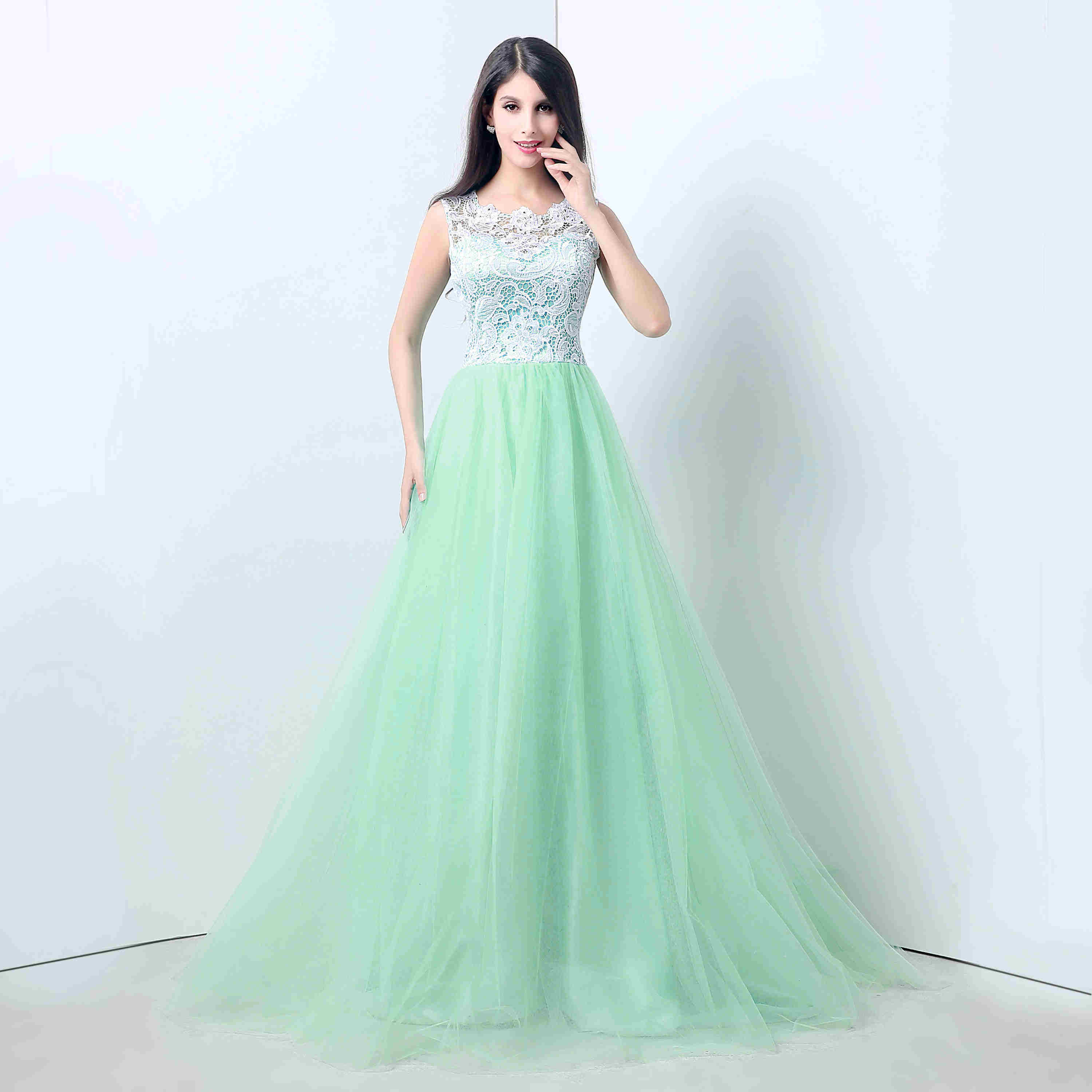 Robe De Bal Princesse Longue Vert d'eau Tulle Dentelle