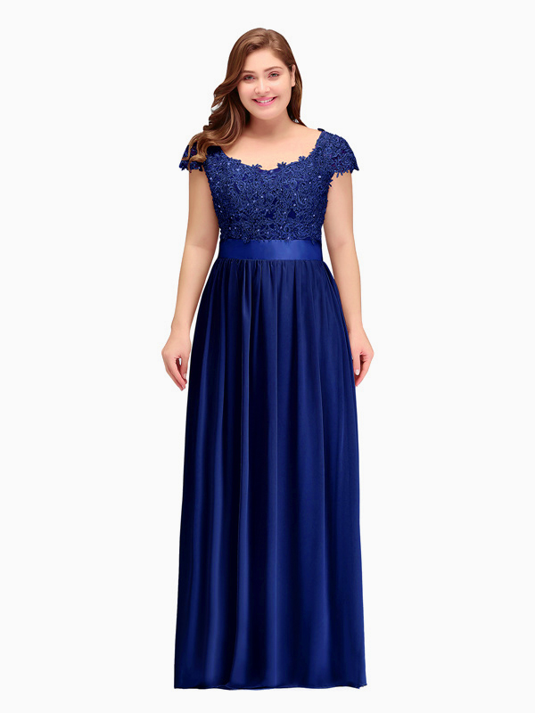 Robe De Ceremonie Femme Ronde Longue Violette Mousseline Dentelle Manches Courtes