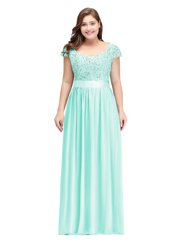 Robe De Soiree Femme Ronde Longue Pastel Parme Mousseline Dentelle Manches Courtes